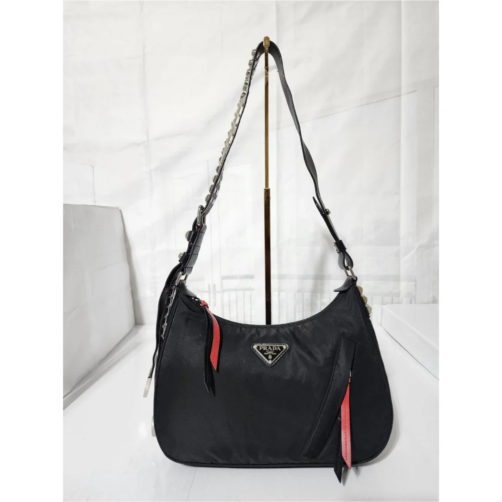 PRADA Tessuto Nylon Studded New Vela Hobo Bag Black
